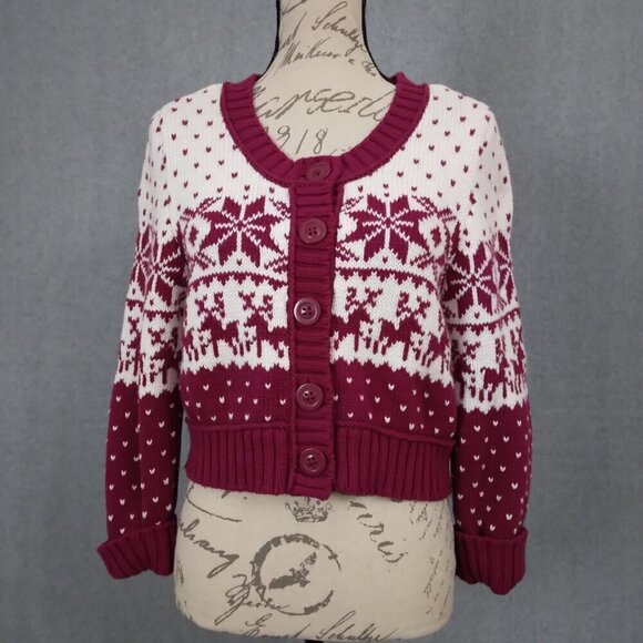 Decree | Holiday Christmas Winter Cardigan Cropped White Magenta | Sz S/M - Picture 2 of 7